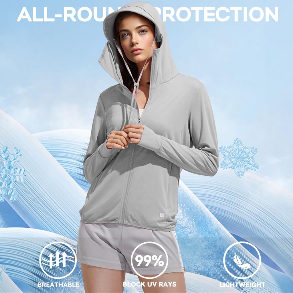 Venzina Women’s UPF 50+ Sun Protection Jacket for Hiking with Detachable Brim and Thumbholes | Light Gray UV Hoodie Featuring 90.9% Polyester Fabric