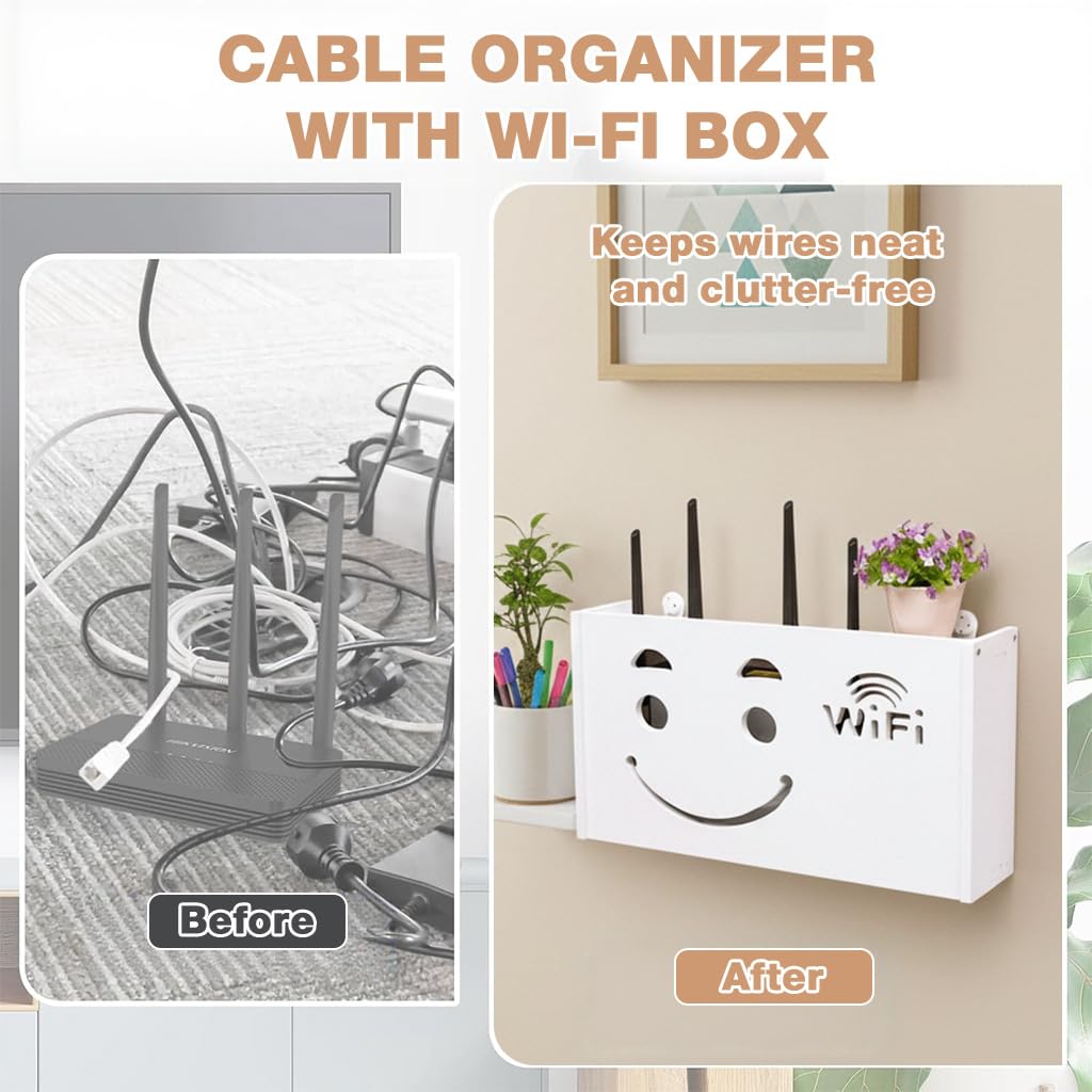 Supvox Wall Mount Storage Box for Router and Modem with PVC Cabinet Shelf in White | Space-Saving TV Accessory