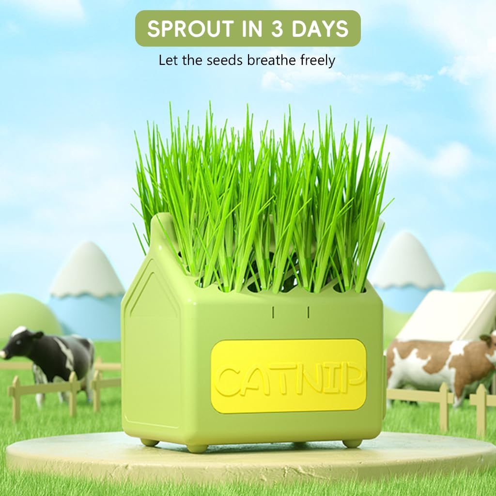 Qpets® Cat Grass Planting Box Catnip Growing House Catnip Plant Pot Cartoon Milk Box Catnip Growing Box, 12x9x12cm