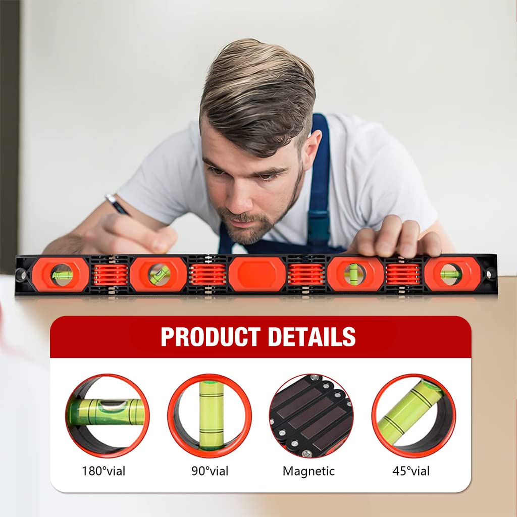 Serplex Foldable Level for Carpenters and Woodworkers featuring 8 Magnets and 4 Bubbles | 28 Inch Aluminum Tool