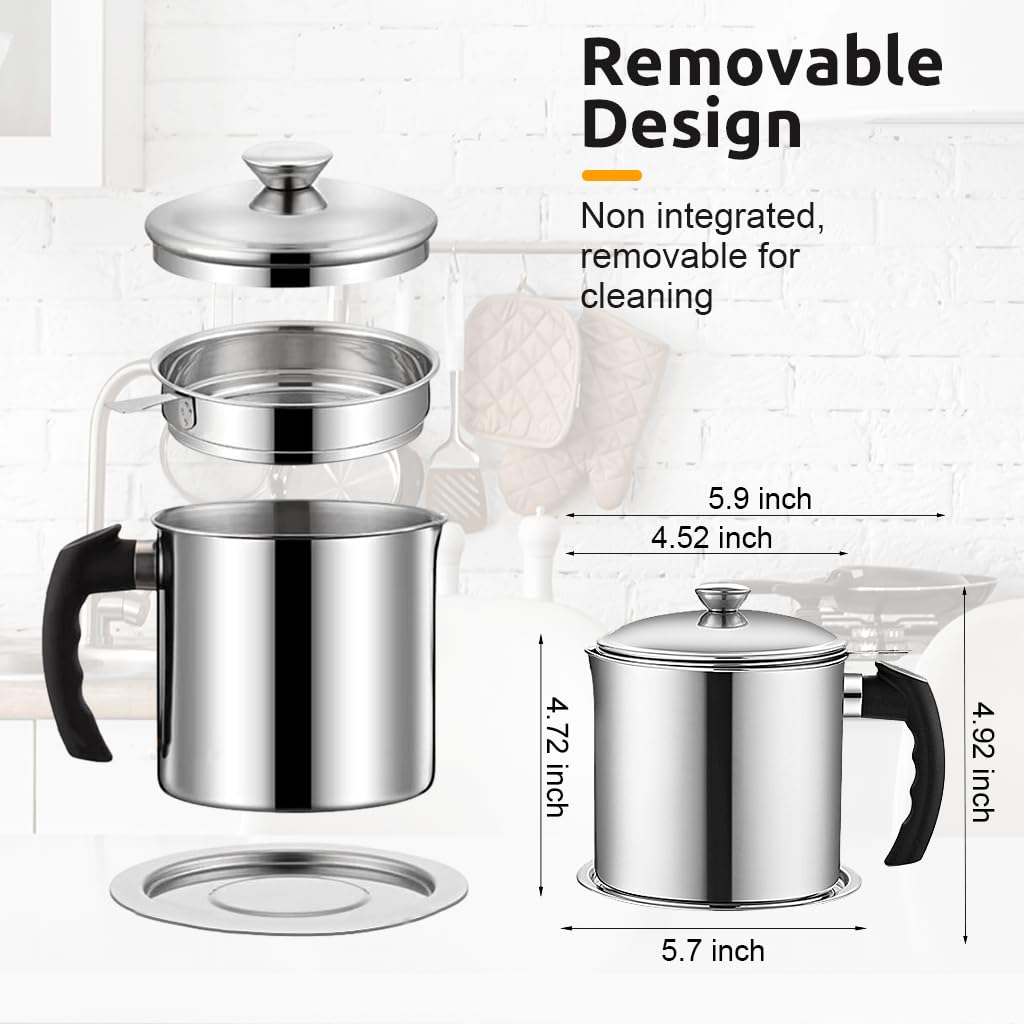 Supvox Kitchen Oil Container for Grease Storage featuring 48oz Capacity and Sieve Lid | 304 Stainless Steel with Handle