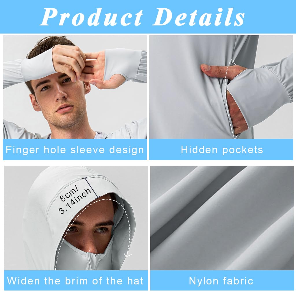 GUSTAVE Men's UPF 50 Plus Light Jacket for Hiking and Fishing with Full Zip Hoodie | Ice Silk Cooling Long Sleeve Shirt