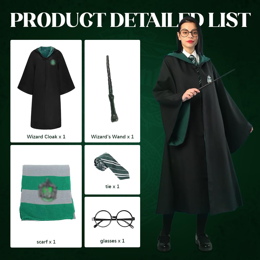 PATPAT® Ha*ry Potter Costume Cloak Cosplay Har*y Potter Robe for Women Men, House of Slytherin Costume Set with Tie, Wand & Round Glasses, Magic Wizards Halloween Costume for Teens Adults (Size M)