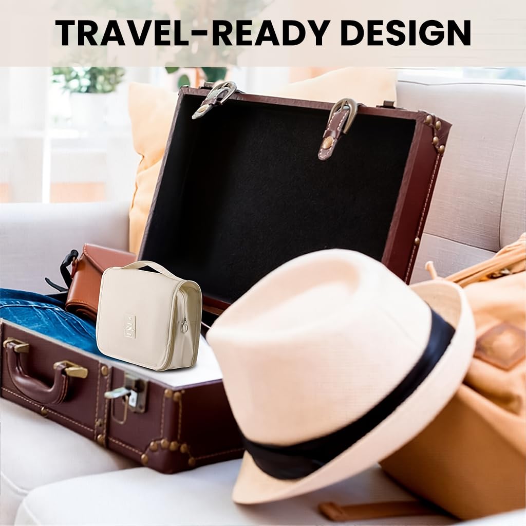 ZIBUYU Travel Toiletry Bag for Trips with 4 Compartments and Hanging Hook | Beige 11 x 7.75 x 3.35 in