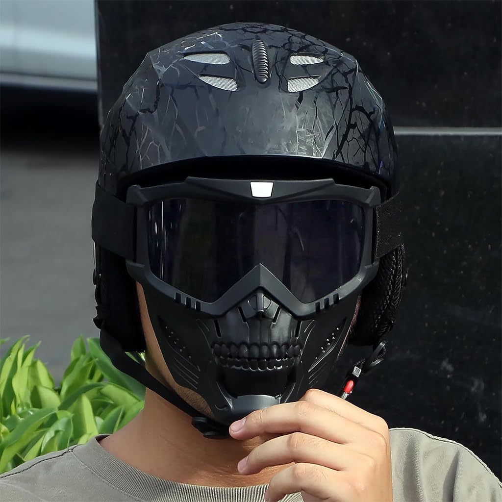 PROBEROS Protective Face Mask for Bikers with UV400 Goggles and Soft Foam Padding | Helmet Ready