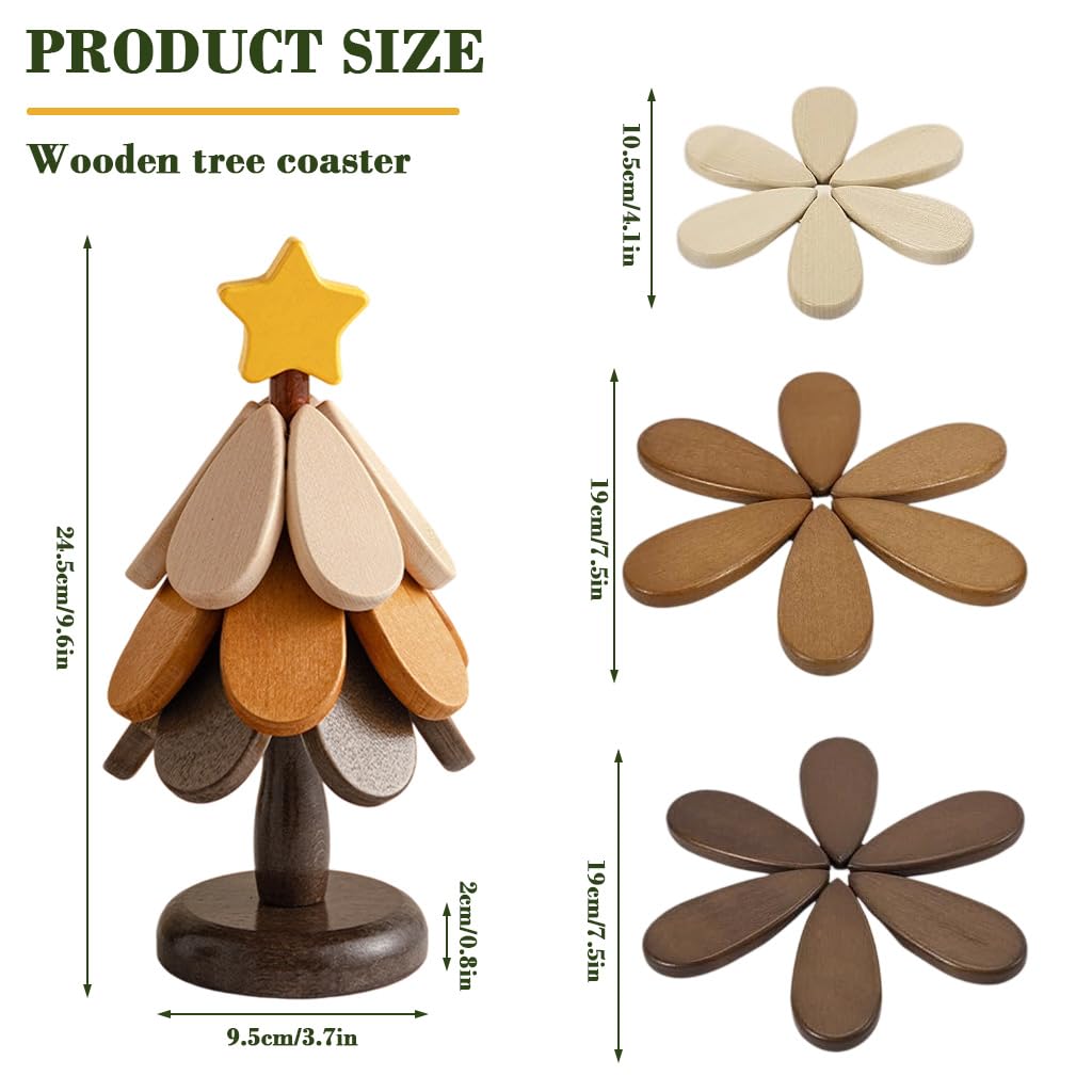 HASTHIP Wooden Coasters Set for Dining Table with Tree Shaped Holder and Rustic Floral Design | 3pcs Heat Resistant Cup Mats