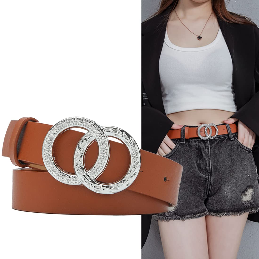 SANNIDHI Waist Belt for Women featuring 106cm adjustable design with double ring closure | Brown PU fashion accessory for dresses and jeans