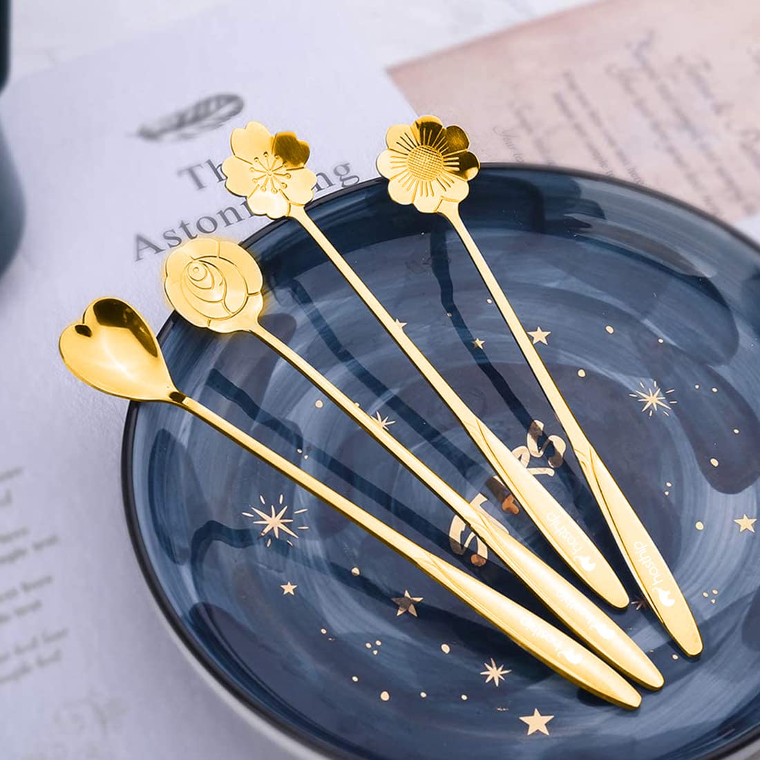 HASTHIP  Golden Spoon Set/Coffee Spoon/Dessert Spoon/Cutlery Kitchen Tableware/Stainless Steel Gold Flower Shape Coffee Spoon with Package Bag, 18cm, 4 Pcs Different Coffee Spoon