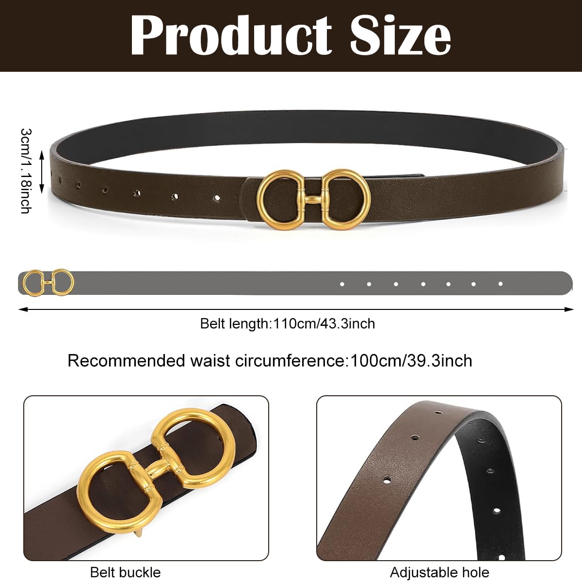 Venzina® 1Pc Reversible Belt for Women Jeans, PU Leather Waist Belt for Women Dresses, Two-in-One Fashion Formal Ladies Belt Slim Belt With Gold Buckle for Dress, Pants (110cm)