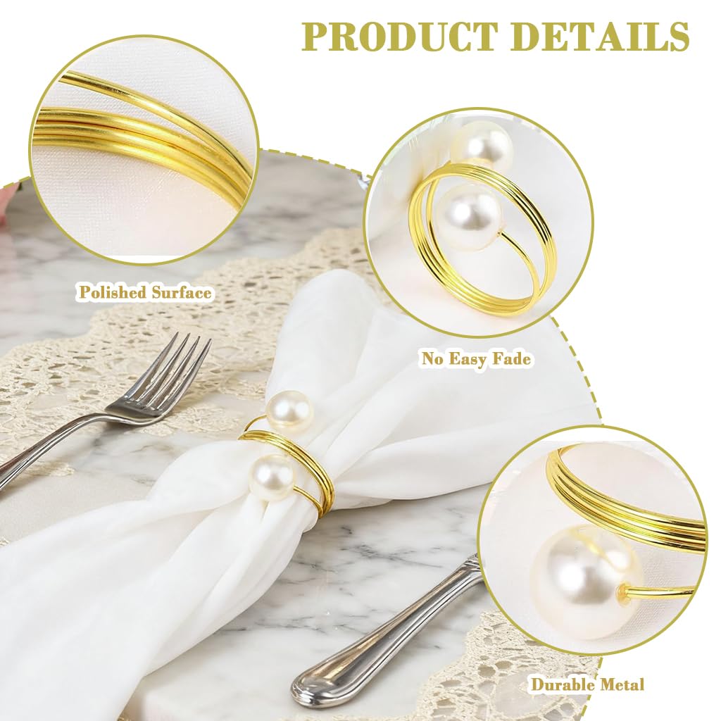 HASTHIP Napkin Rings for Weddings and Holiday Dinners with Faux Pearl Charms | Set of 6 Gold Wire Holders