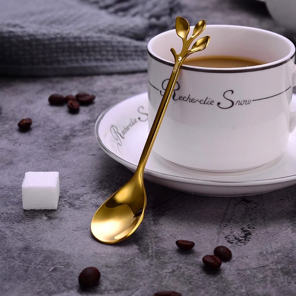 HASTHIP Coffee Spoon and Dessert Fork Set for Tea and Appetizers with Leaf Design | 4 Pcs 4.7 in Stainless Steel Gold Tableware