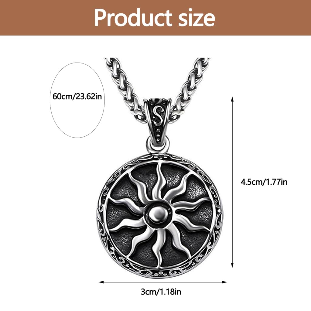 Zibuyu Sun Pendant Necklace with Polished Black Stainless Steel Chain for Men & Women | Vintage Protective Amulet Jewelry