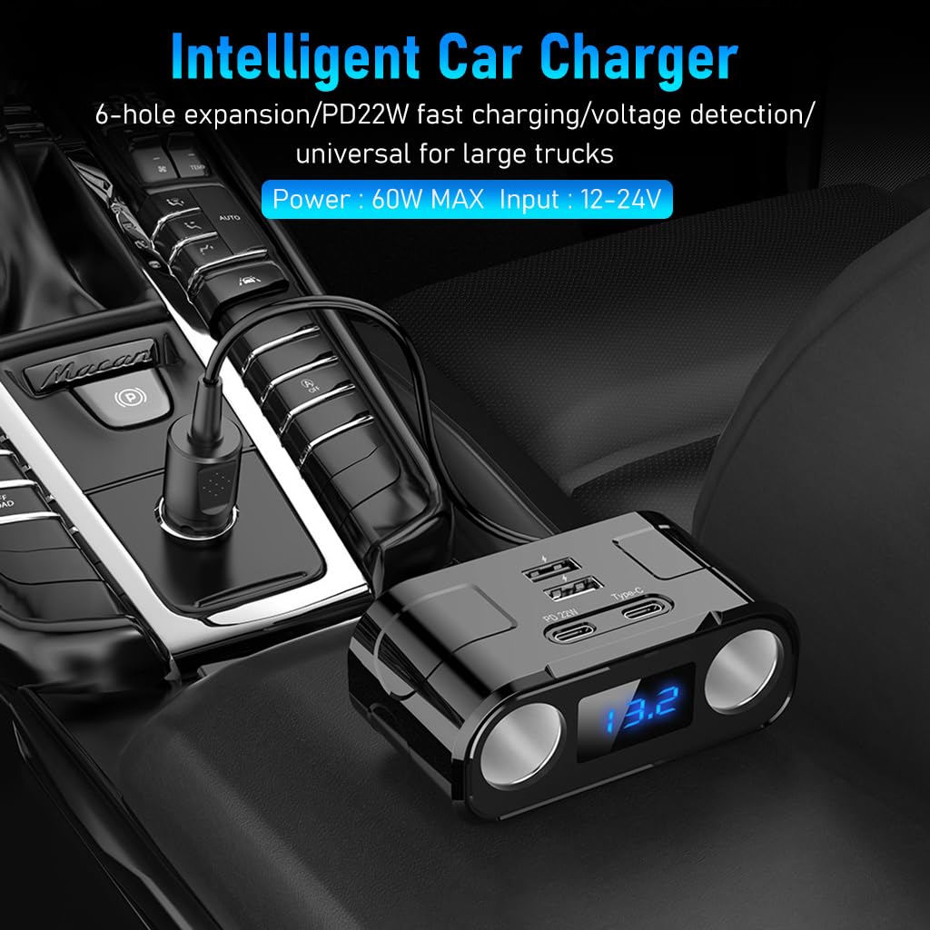 STHIRA Car Charger, 60W Cigarette Lighter Splitter with PD 22W Type-C, QC USB Ports, 12V/24V Car Charger Car Lighter Adapter with LED Voltage Display Car Charger Fast Charging for GPS Phone