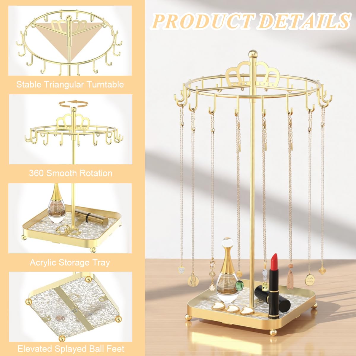 MAYCREATE Rotating Metal Necklace Holder Organizer with Acrylic Tray and 18 Hooks | Space-Saving Jewelry Display Stand