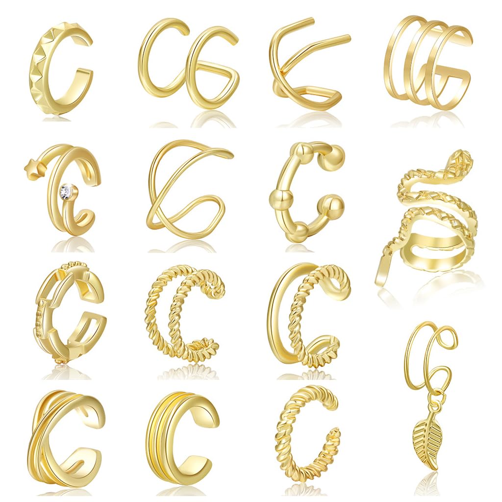 SANNIDHI Ear Cuffs Set for Women featuring 15 Clip On Gold Designs | Stylish Non Pierced Jewellery