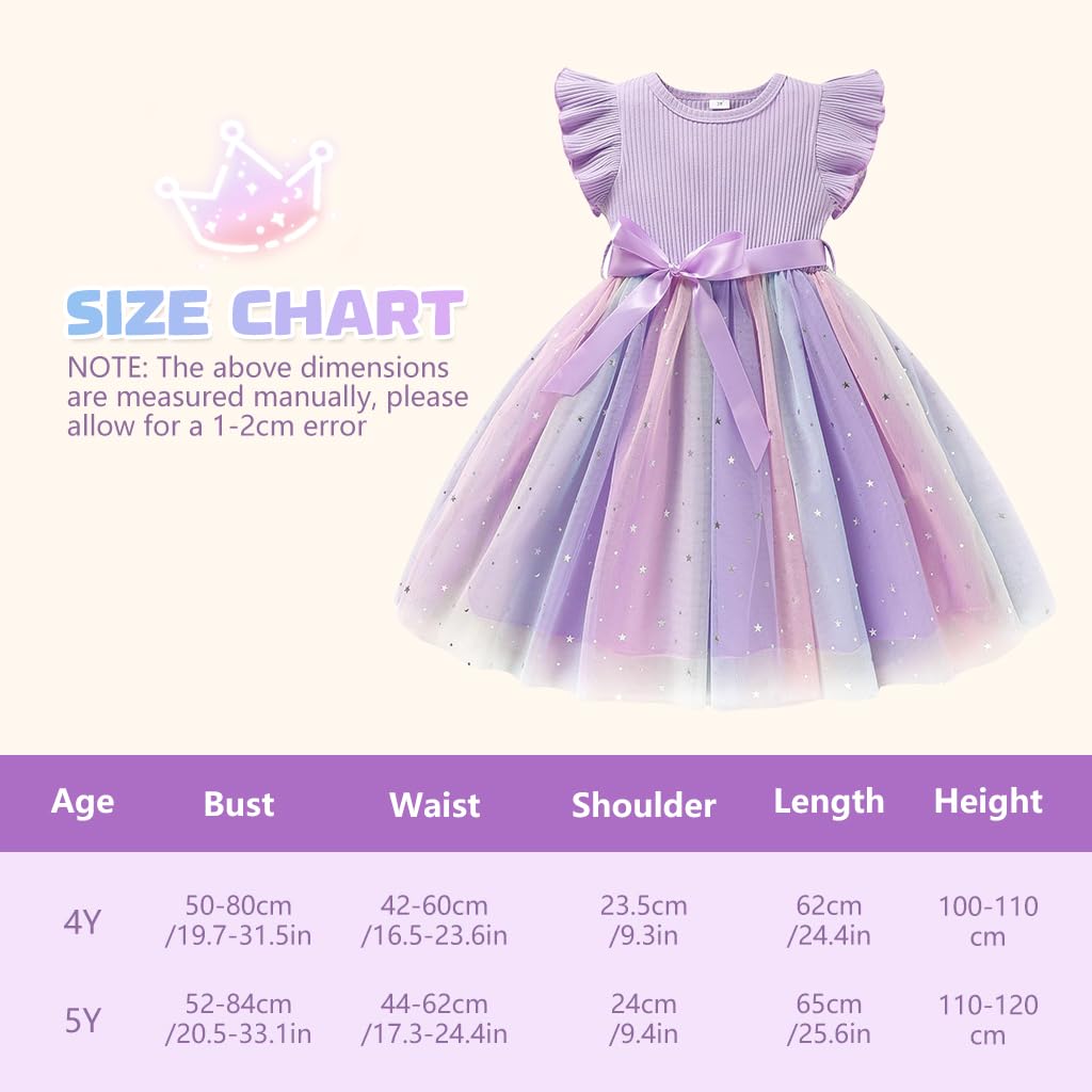 SANNIDHI Girls Lace Frock for Birthday Parties featuring Rainbow Tulle Skirt and Satin Bow | Purple 5-6Y