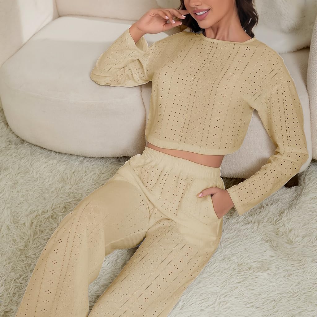 SANNIDHI Womens Lounge Set for Fall and Winter with Pockets and Drawstring | Beige 2 Piece Pajamas