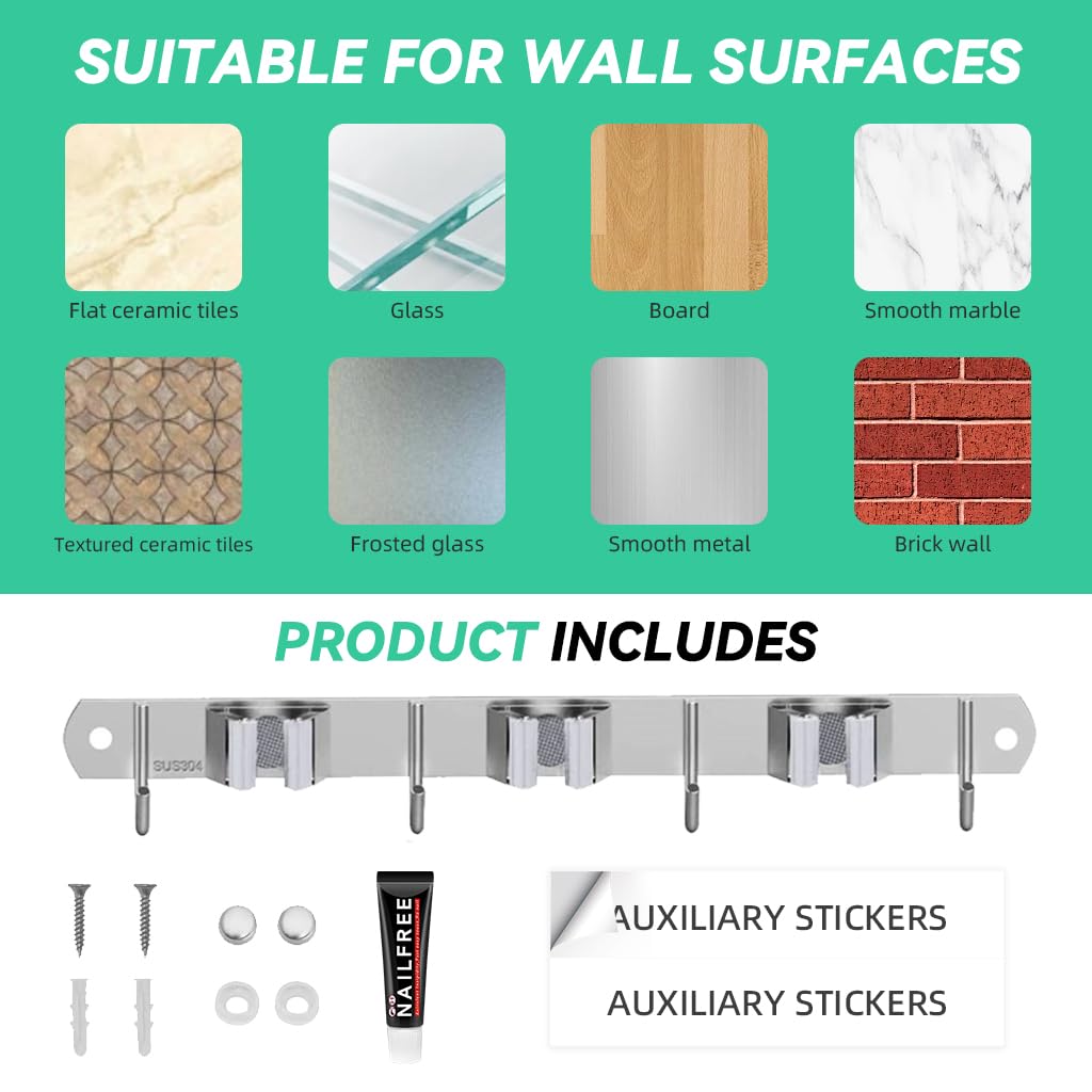 Zibuyu Broom Holder Wall Mounted for Kitchen and Bathroom with 3 Holders & 4 Hooks 14.9 in Stainless Steel Organizer