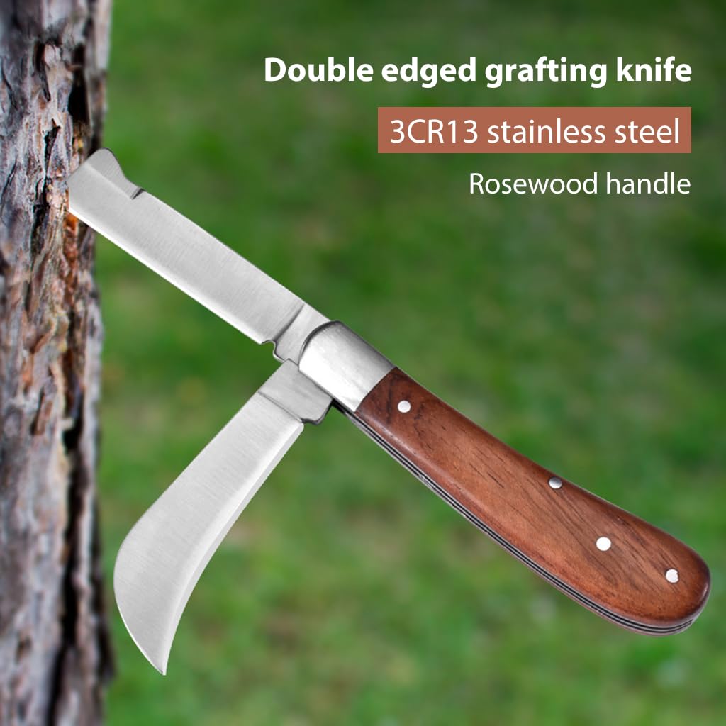 HASTHIP Grafting Knife for Plants with Dual Blade Folding Design and Wooden Handle 2 PCS