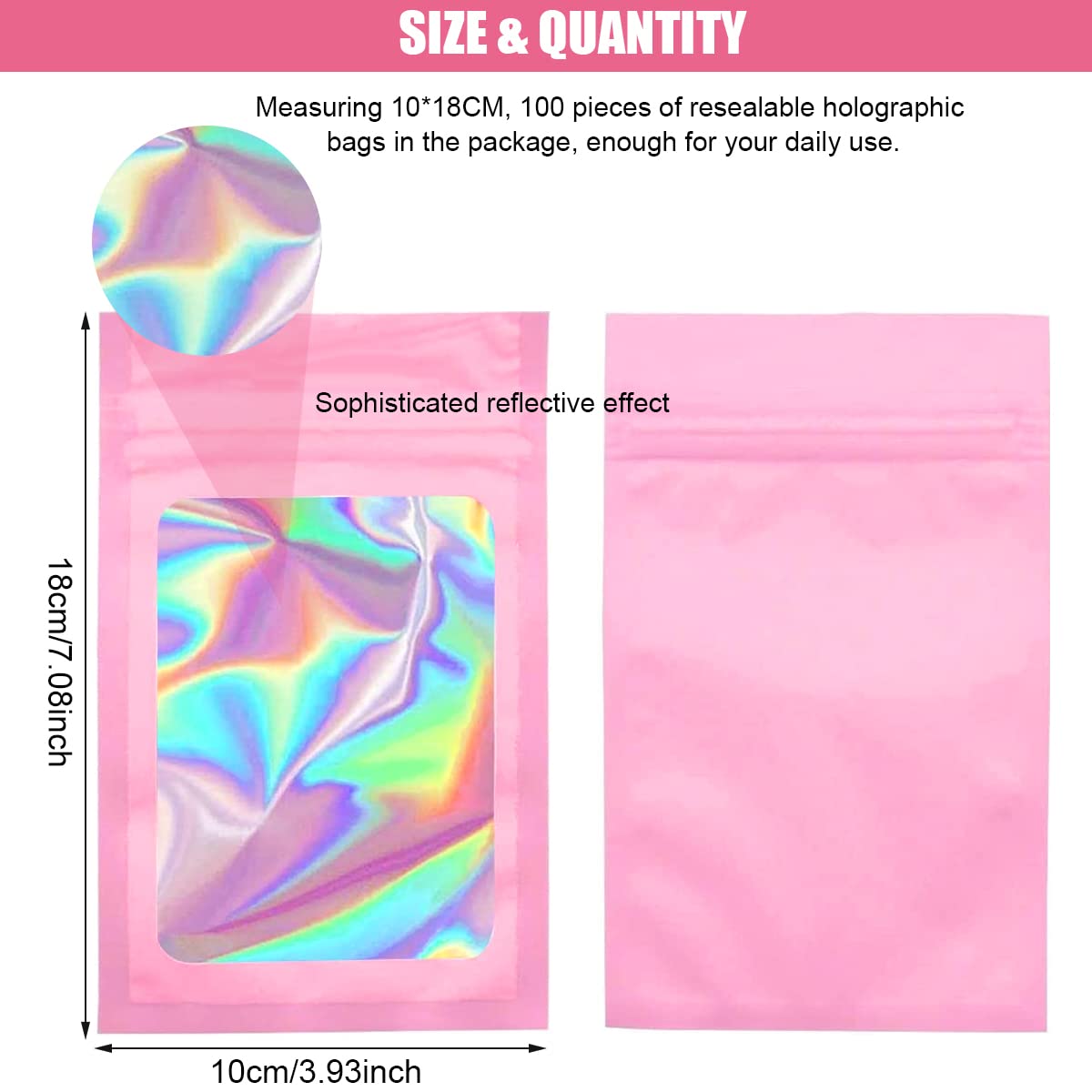 HASTHIP 100 Pcs Smell Proof Mylar Bags, Chocolate Bags Candy Bags Treat Bag Cookie Bags, Resealable Multifunctional Bags for Storing Food, Jewellery and Hardware (Pink, 10x18cm)