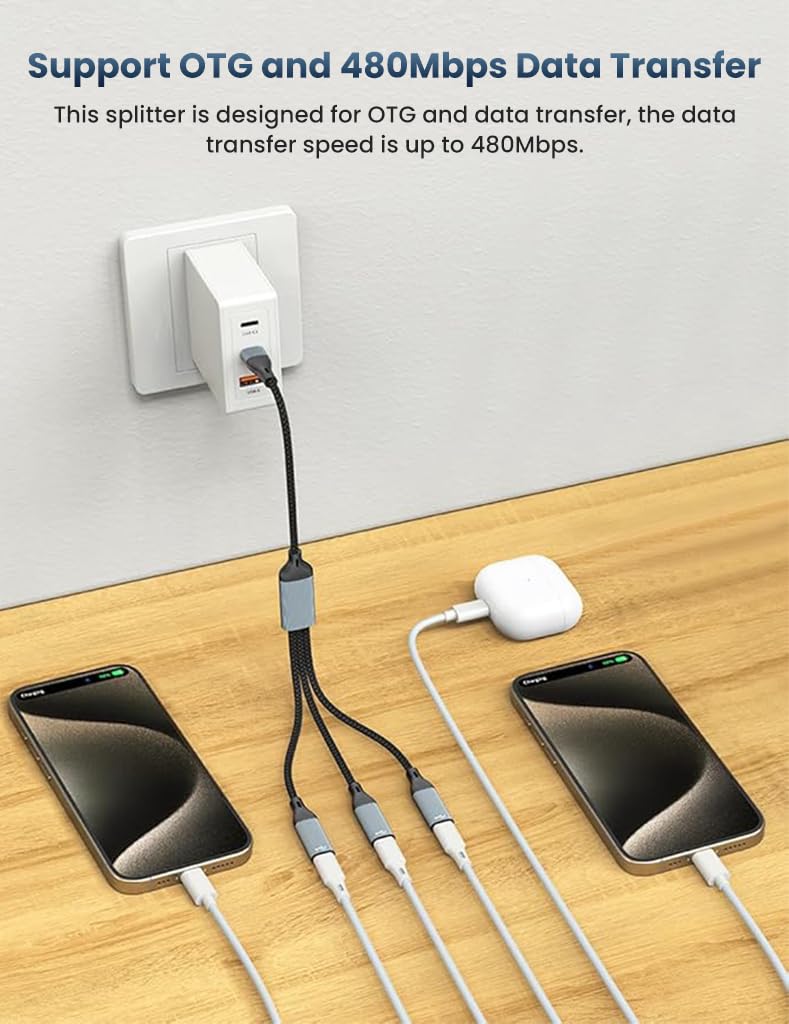 Verilux USB C Splitter for Charging and Audio | 3 in 1 Nylon Braided Type C Adapter