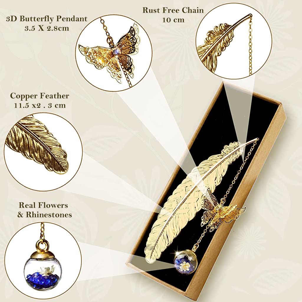 Supvox Metal Feather Bookmark for Reading and Gifting with 3D Butterfly Pendant | 2 pcs