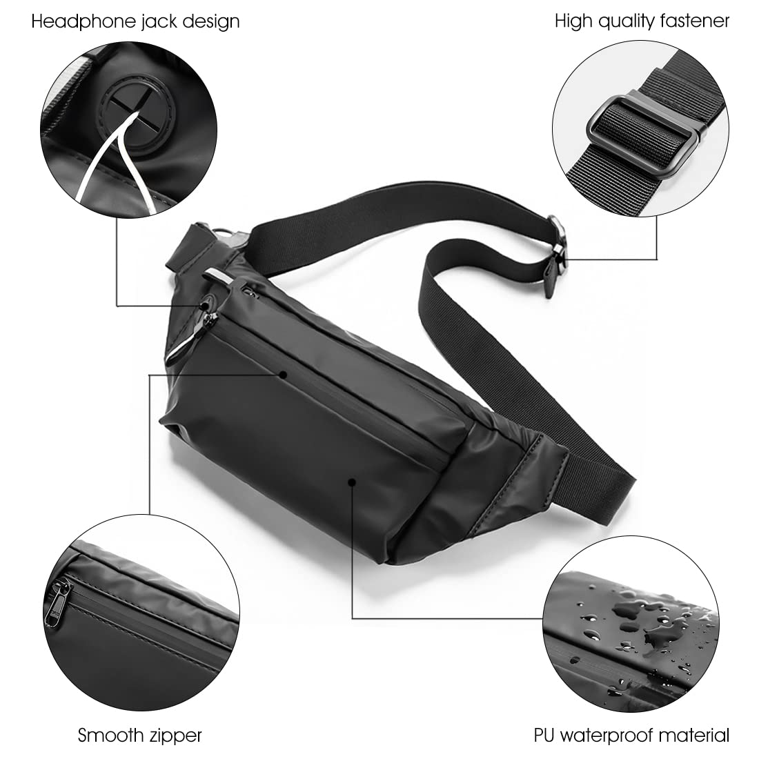 PALAY Waist Bag for Running and Travel with 13–39 in Adjustable Belt | Waterproof PU Black
