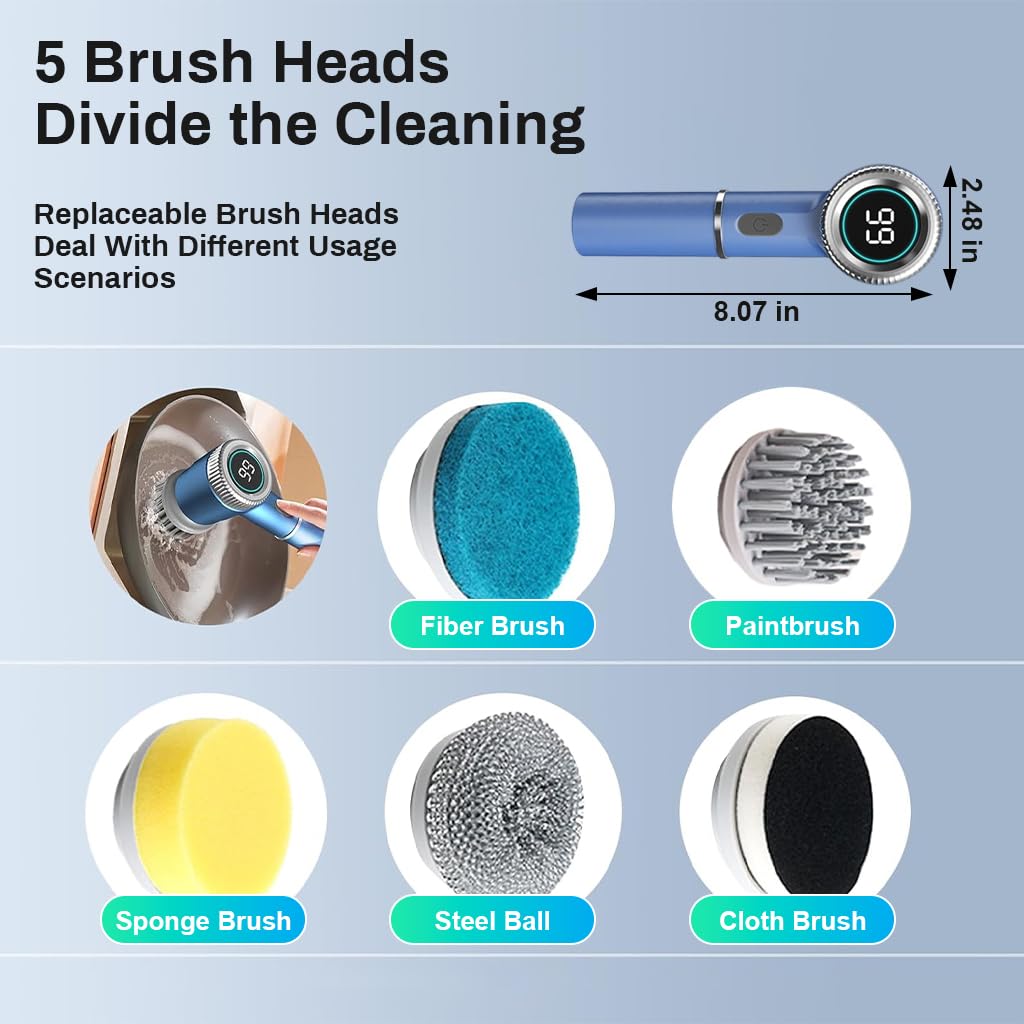 Serplex® 5-IN-1 Electric Scrubber, Electric Spin Scrubber Cleaning Brush with 5 Brush Heads, Cordless Electric Cleaning Brush, 3 Speeds & Max 2400RPM, Handheld Electric Scrubber for Kitchen, Bathroom