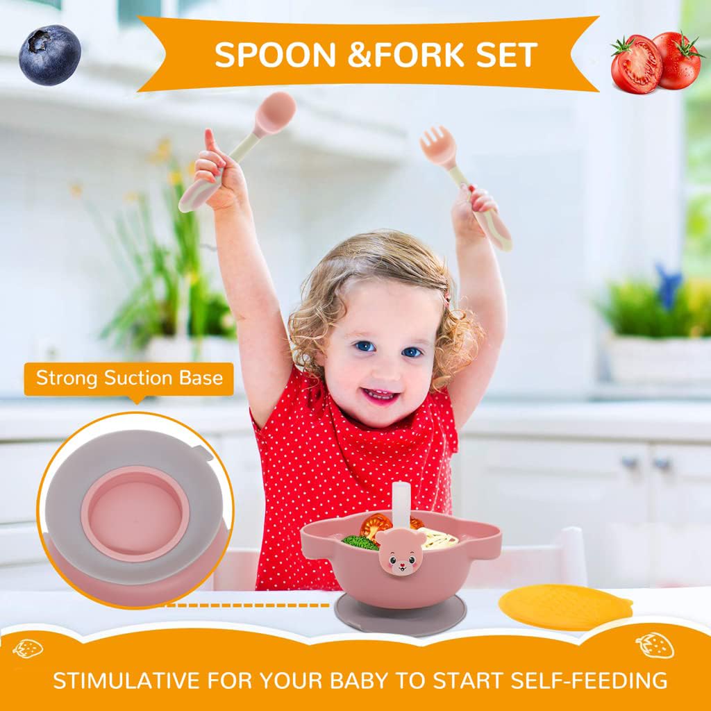 SNOWIE SOFT® Suction Plates for Baby Divided Plate with Cover, Fork, Spoons and Straws- Suction Cup Bowl, Set- Self Feeding for Toddler -Training Dinnerware 4-Piece Set - BPA Free