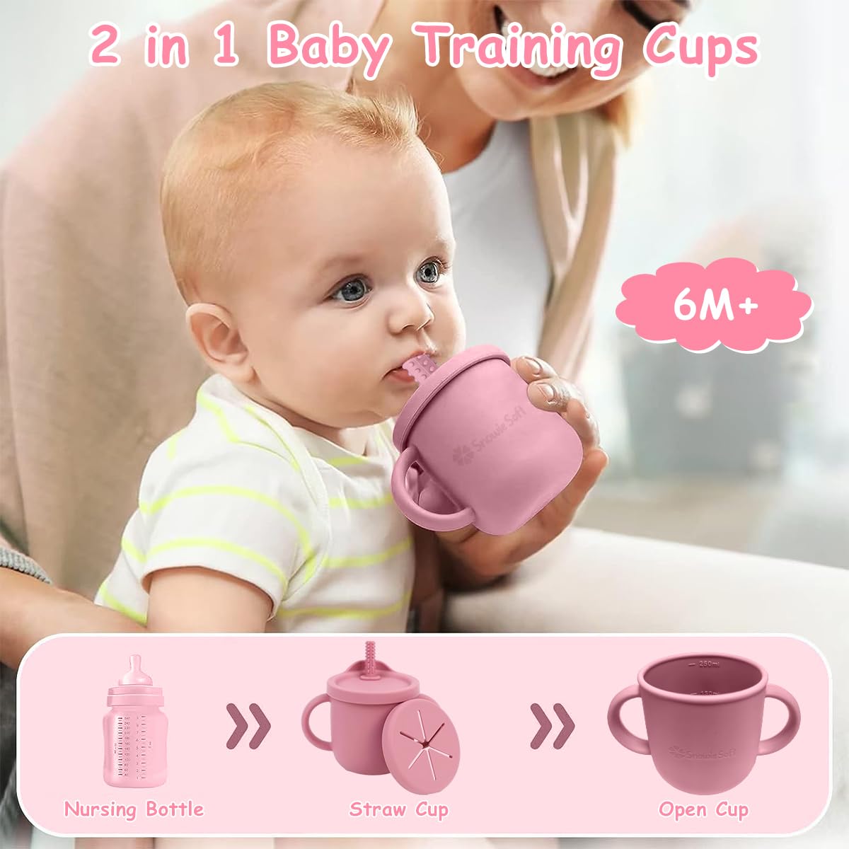 SNOWIE SOFT Silicone Sippy Cup for 6–12 Months with Teether Straw and Draining Lid | Pink
