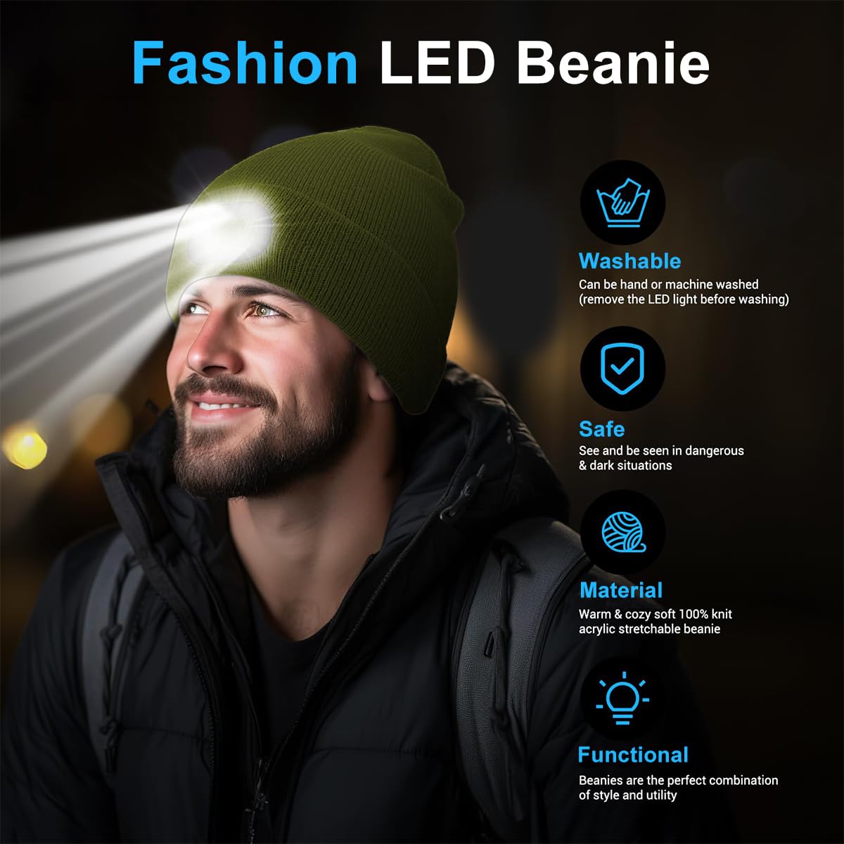 GUSTAVE® Winter Cap for Men Women Illuminated Beanie Cap with Forehead Lamp USB Rechargeable Winter Soft Fleece Knitted Cap for Riding, Night Running, Green