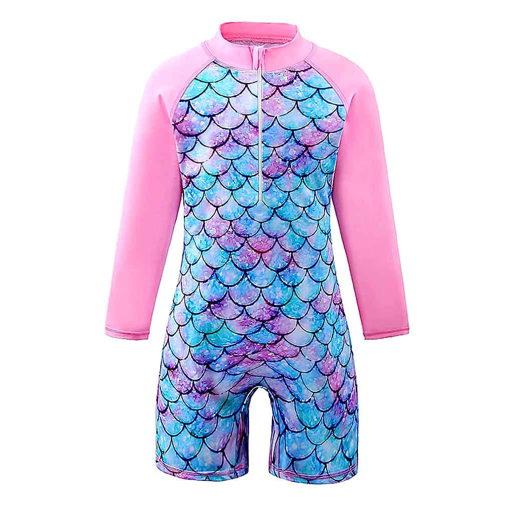 Optifit Swimming Suit for Girls with Long Sleeves and UPF 50+ Mermaid Print | One-Piece Beachwear for Ages 5-6