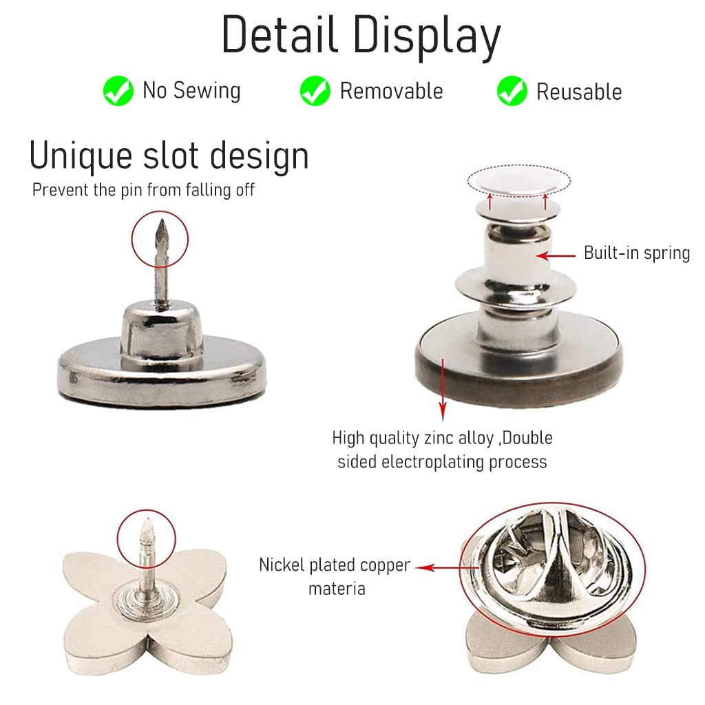 Venzina Instant Button Pins for Jeans and Pants Adjustment 18pcs Set | No Sew Zinc Alloy