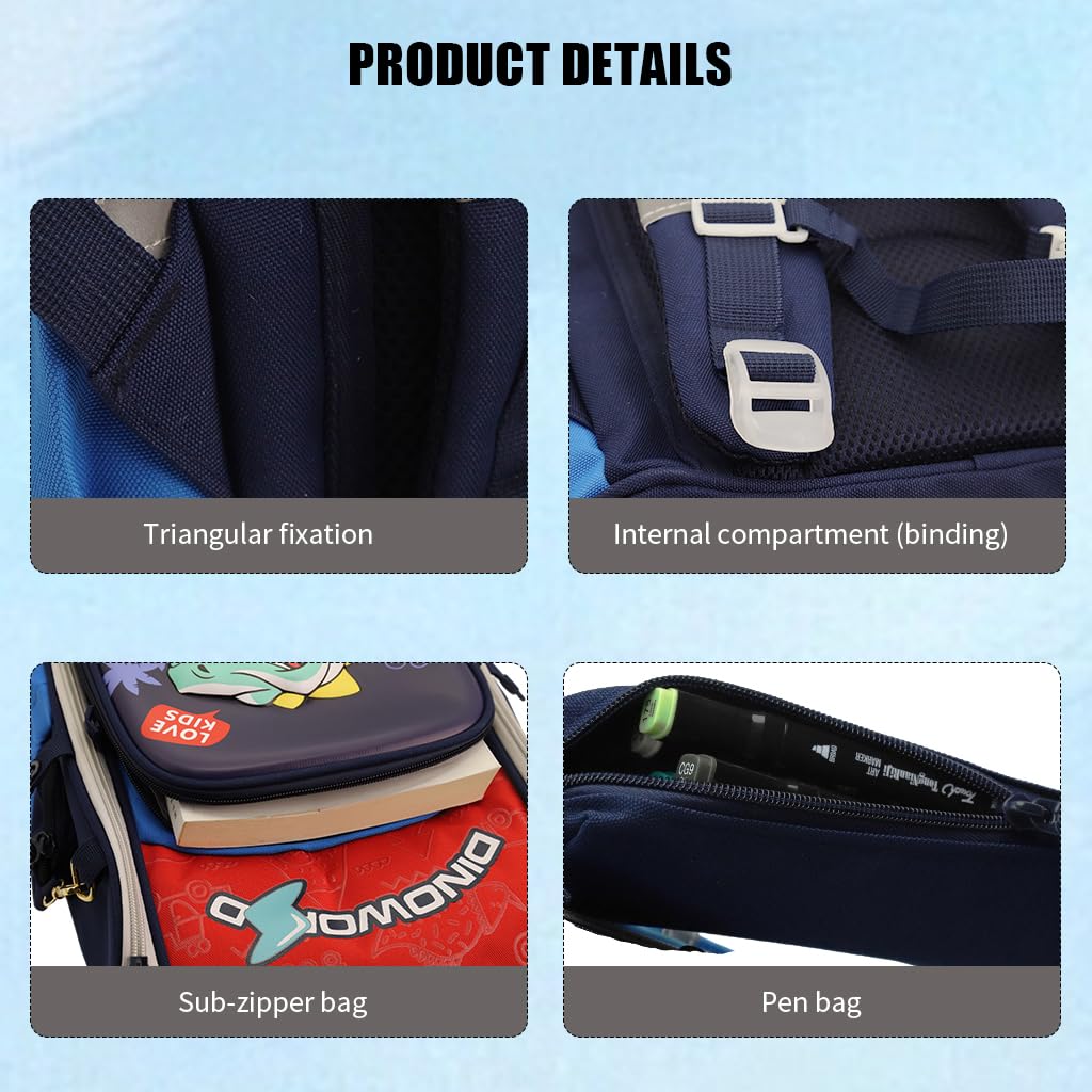 PALAY Boys School Backpack for Primary Students with 39×27×17cm Storage and Ergonomic Design | Blue Dinosaur Print with Reflective Safety Strips