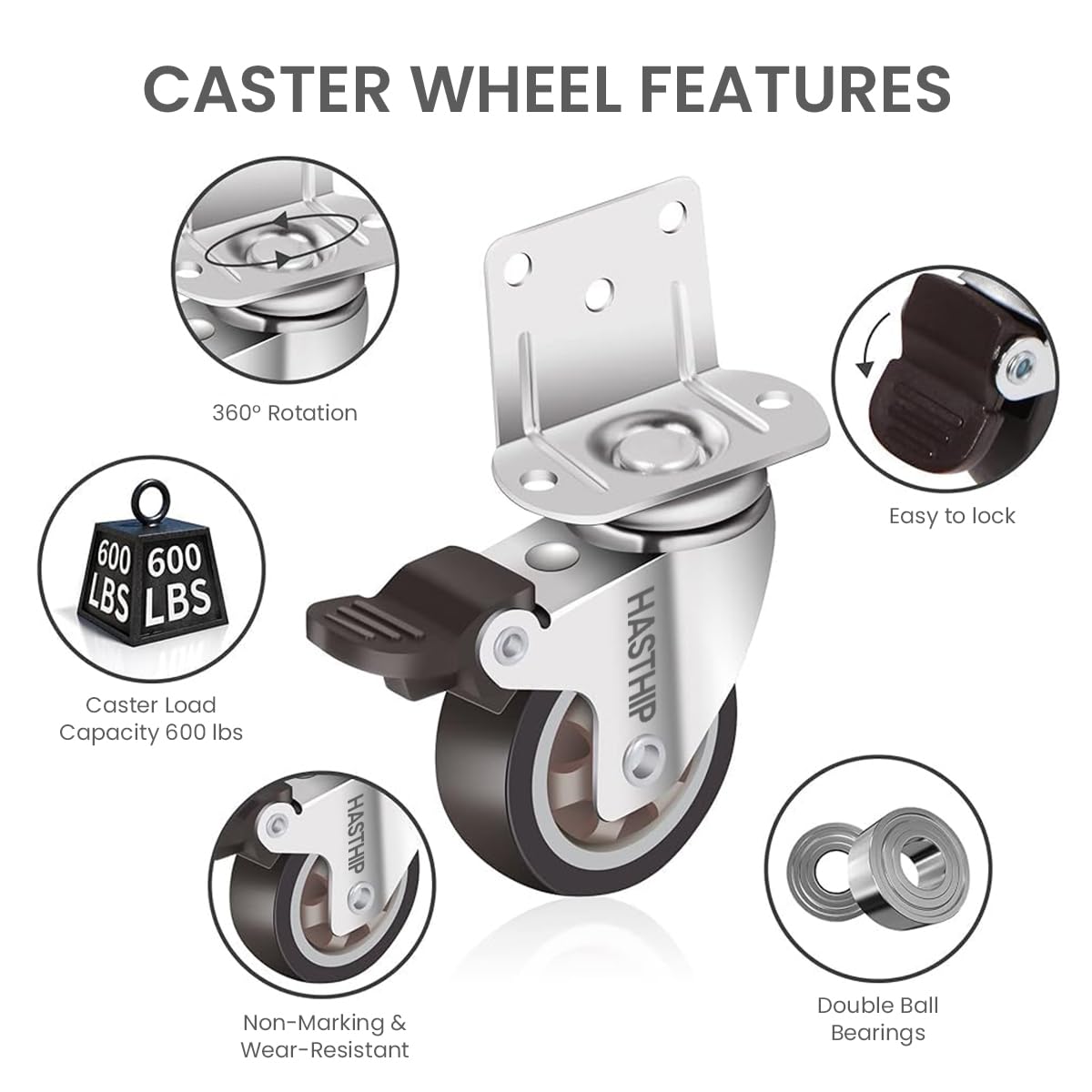 HASTHIP L Shaped Caster Wheels for Furniture with 360 Degree Swivel Plate and TPE Rubber Set of 4 1 inch Load 200 lbs