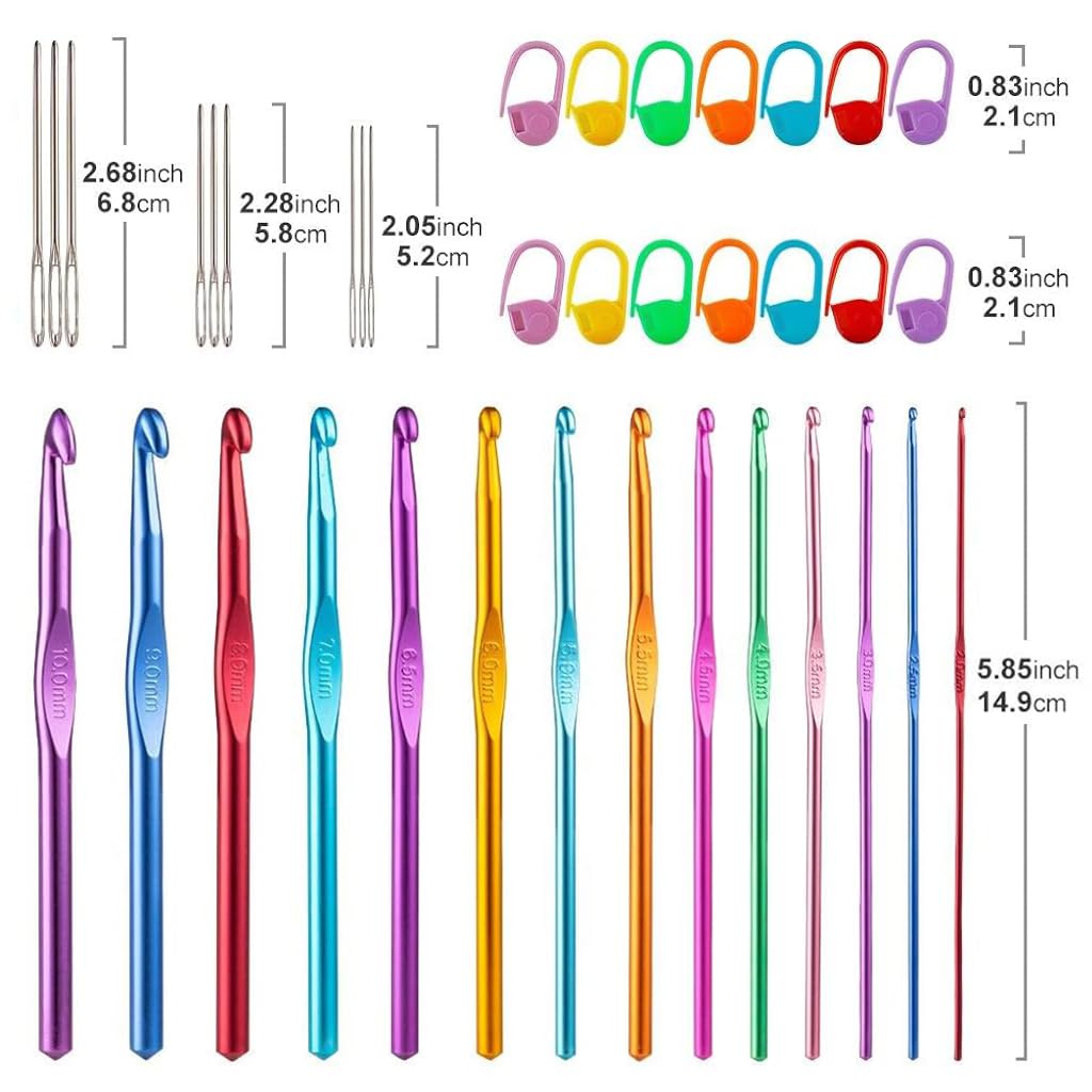 HASTHIP® 37PCS Crochet Hooks Set, Ergonomic Handle Crochet with Stitch Markers and Large-Eye Blunt Needles, Multicolor Aluminum Crochet Hooks Knitting Needles for Arthritic Hands