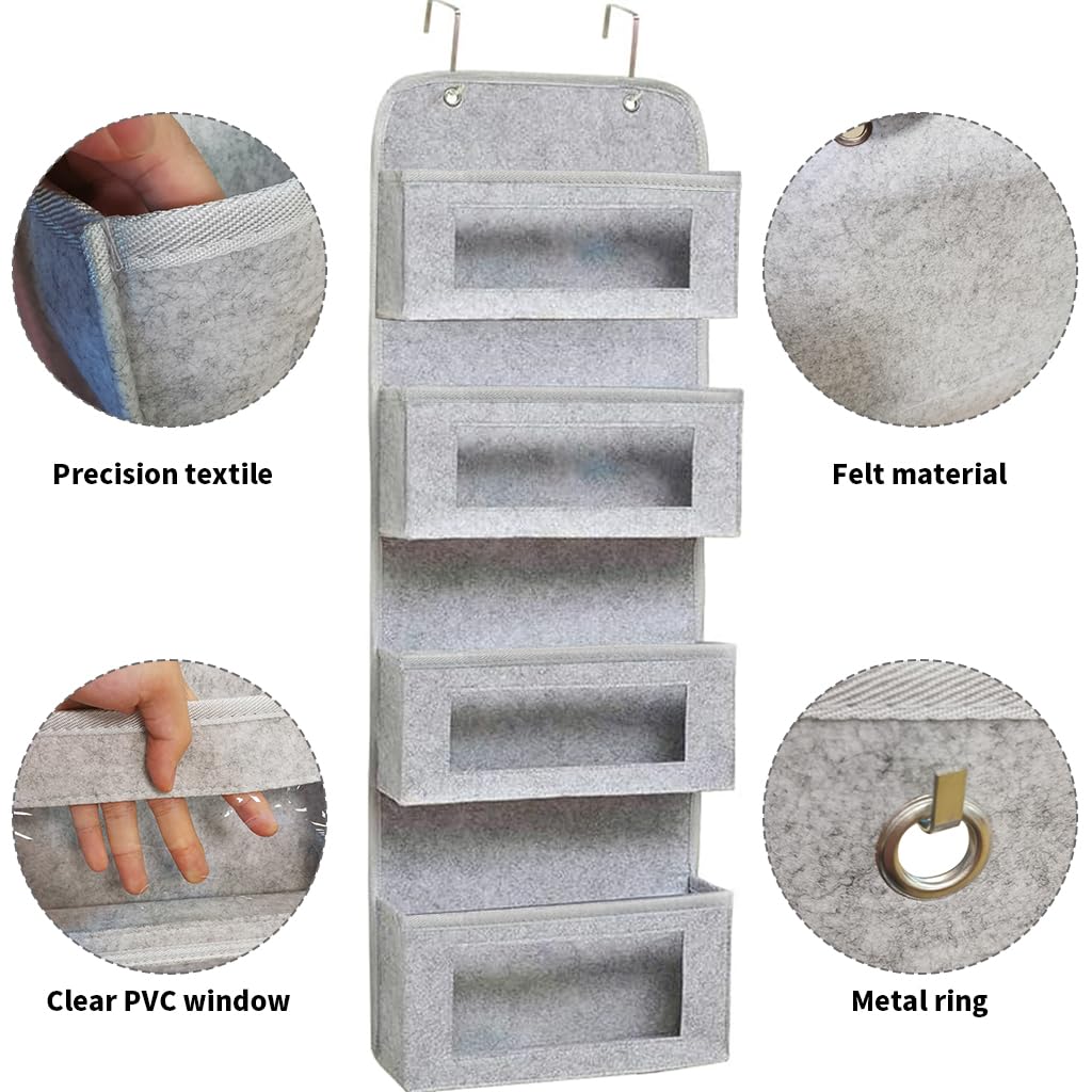 HASTHIP Over Door Organizer with 4 Felt Shelves and Clear Windows | Grey Wall Storage