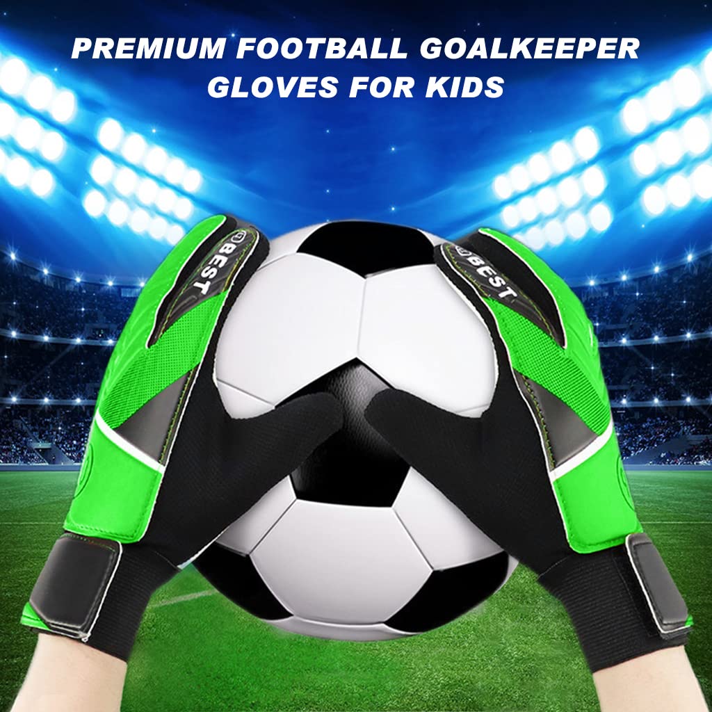 PROBEROS Goalkeeper Gloves for Kids Training with Double Wrist Bandage | Green Latex Palm 6.3–6.7 in