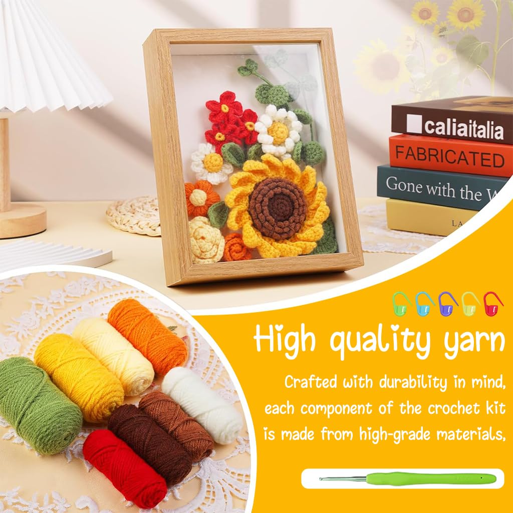 PATPAT® DIY Crochet Kit Sunflower Oil Paint Crochet Material Kit with Photo Frame, Tools & Tutorials Starter Friendly DIY Crochet Gift Mother's Day Gift DIY Crochet Sunflower Photo Frame Material Kit