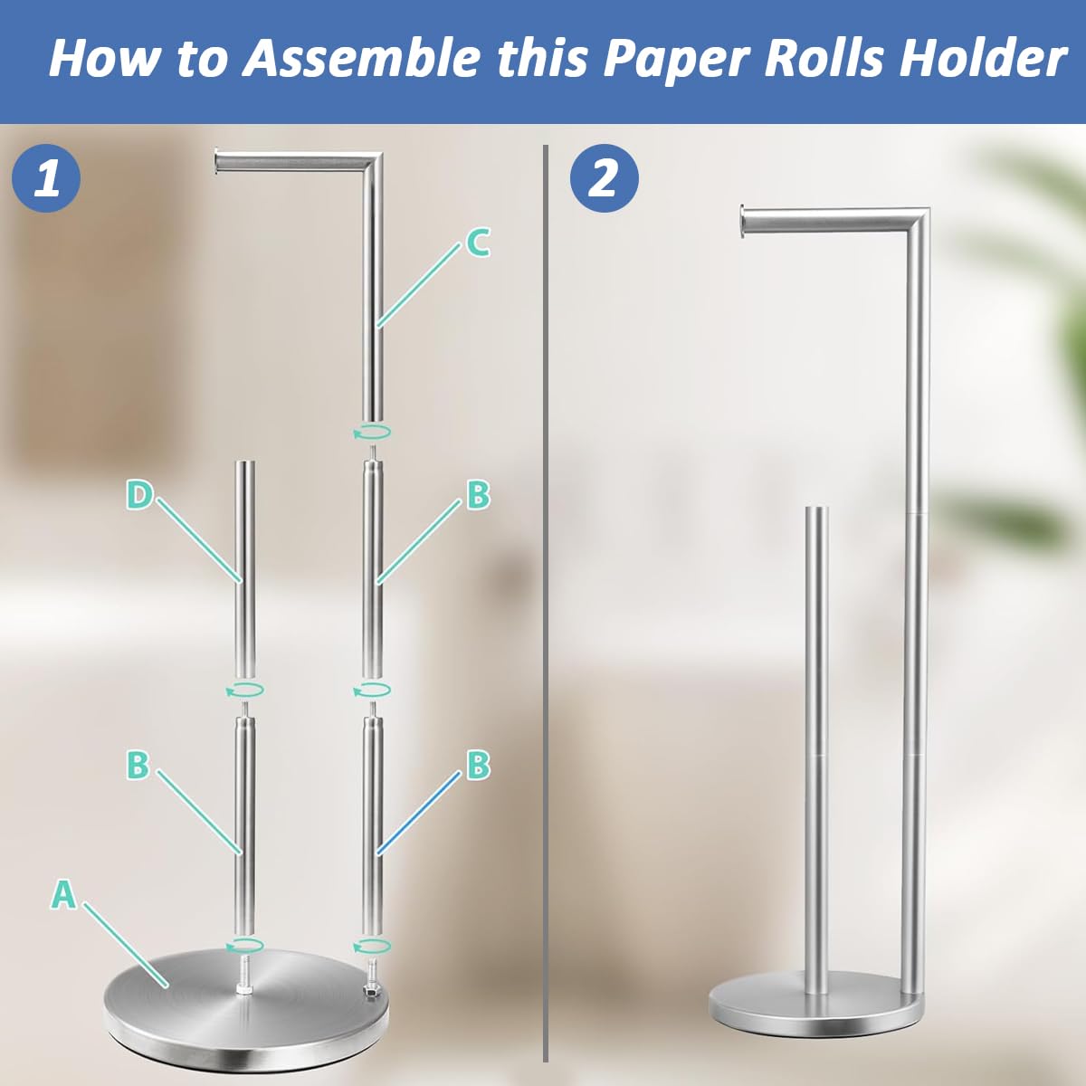 Supvox Toilet Paper Roll Holder 2 In 1 Toilet Paper Roll Organizer Floor Stand 26.9 Inches Toilet Paper Roll Holder Stand Stainless Steel Toilet Paper Roll Holder for Living Room, Bathroom, Kitchen