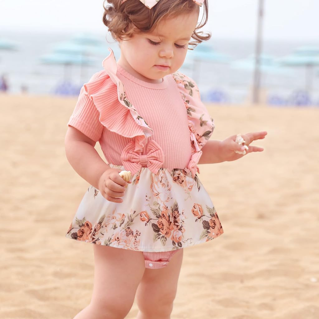 ZIBUYU New Born Baby Dress with Bow Headband featuring Snap Closure and Soft Cotton | 0–3 Months Girl Outfit