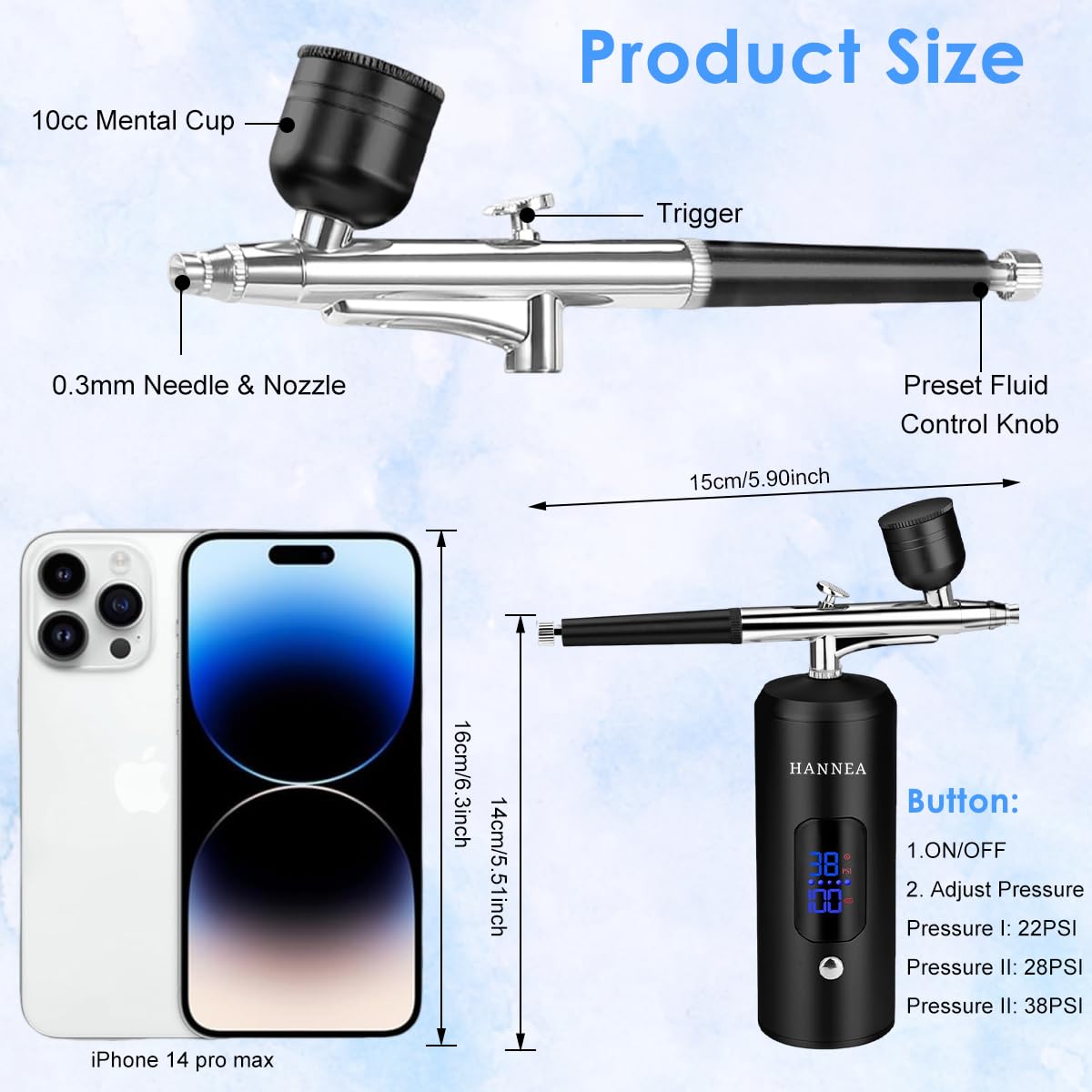 HANNEA Airbrush Kit for Painting and Makeup with 0.3mm Nozzle and 3 Pressure Levels | Rechargeable LCD Spray Gun