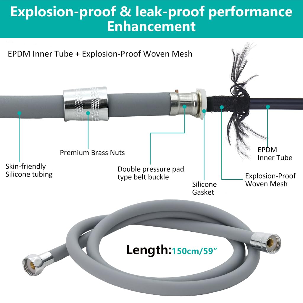 HASTHIP Shower Hose Pipe for Bathroom Upgrades with Copper Connectors and 1.5 m Flexible Silicone Tube | Grey Replacement