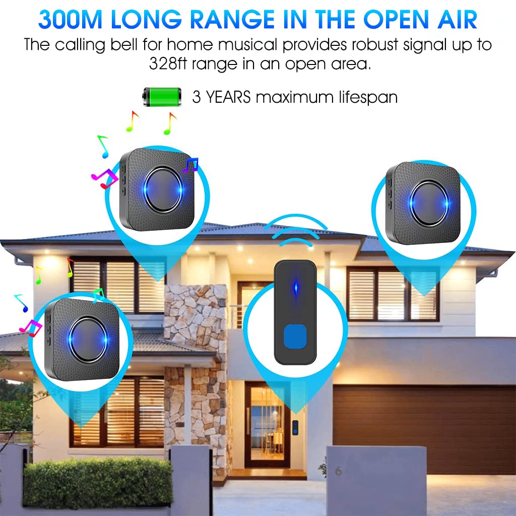 HASTHIP Door Bell for Home Electrical IP55 Long Range Wireless Door Bell Waterproof Ding Dong Bell with Catching Eye Flash Light Smart Door Bells 55 Ringtones and 5 Level Volume 100dB MAX