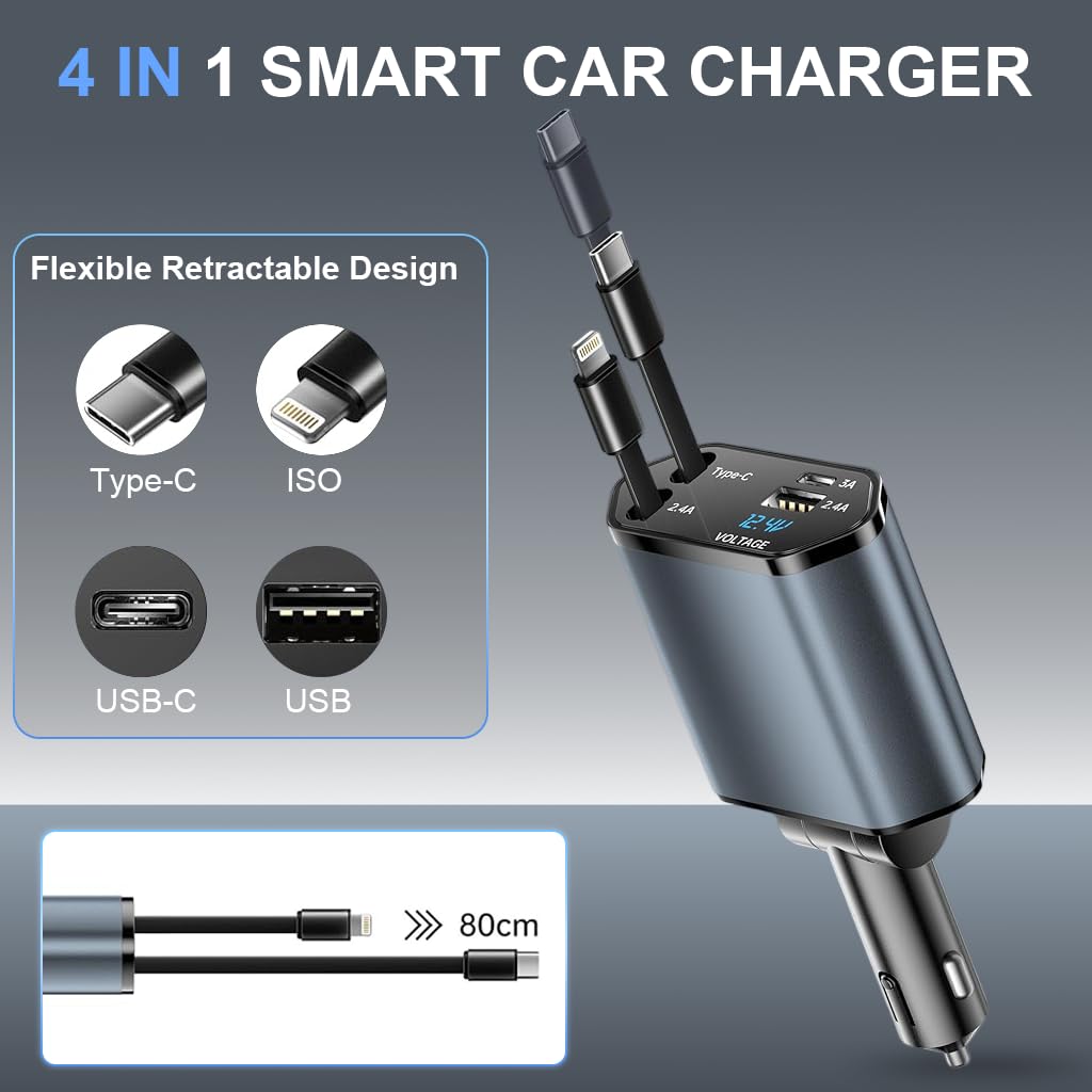 STHIRA Retractable Car Charger for Travel with 120W Power and 31.5in Cables | 4 Ports
