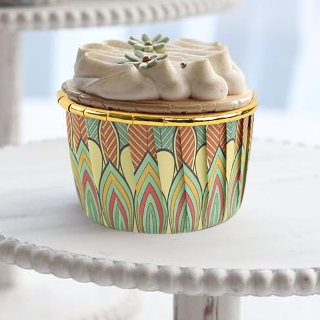 HASTHIP Cupcake Liners 50Pcs 3Oz for Weddings and Parties with Mandala Print and Golden Interior