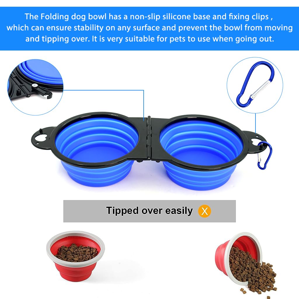 Qpets® Dog Bowl Outdoor Folding Dog Bowl 2 in 1 Dog Feeding Bowl Food Bowl Water Bowl for Travel, Hiking Food Grade Silicone Material Convenient Bifold Dog Car Food Bowl with Carabiner