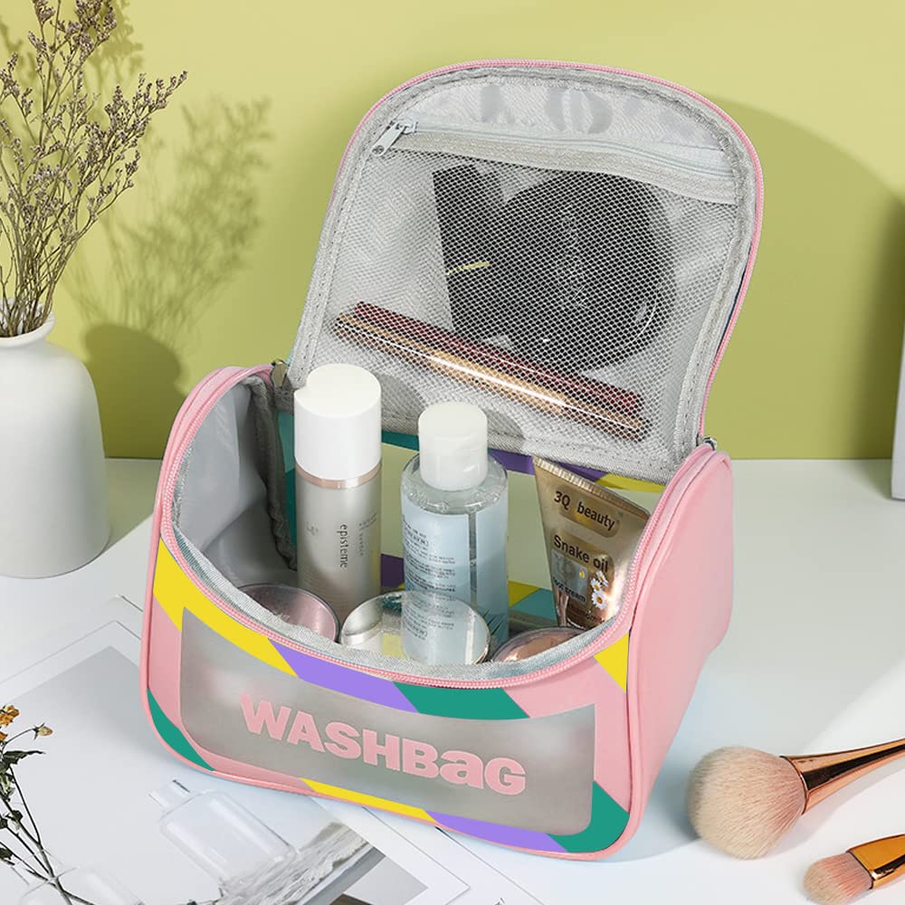 MAYCREATE Travel Cosmetic Bag for Women with Dual Zipper and Mesh Pouch, Pink 22.5×16.5×15.2cm | Waterproof PVC Makeup Organizer
