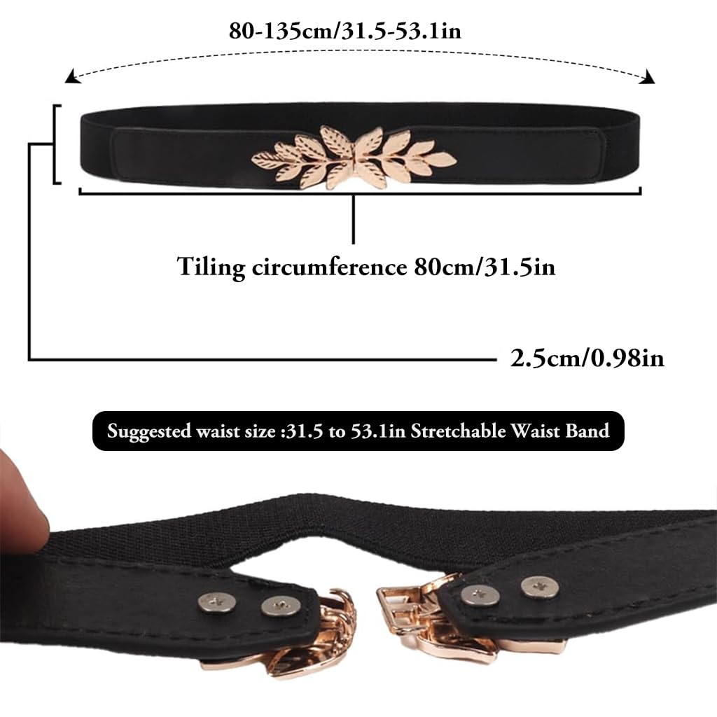 ZIBUYU Fashion Waist Belt for Women Chic Golden Leaf Buckle Design 25.2 inches Stretchy Slim Waist Belt High Class Vintage Belt for Shirt, Blazer, Sweater, Dress, 64-75cm