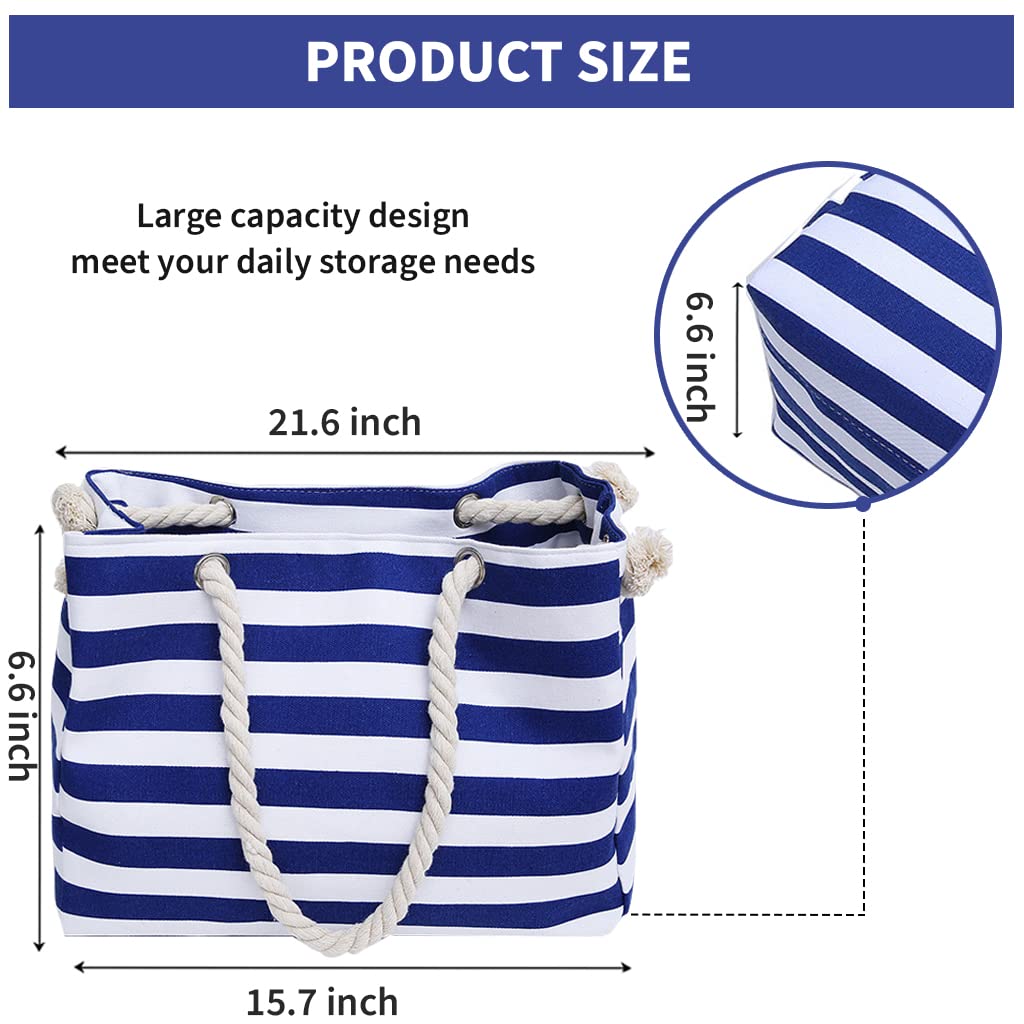 PALAY Hand Bag for Women for Travel and Daily Use featuring Braid Rope Handles and Zipper Closure | 23.6 x 15 x 7.5 in Blue Stripy Cotton Polyester Tote